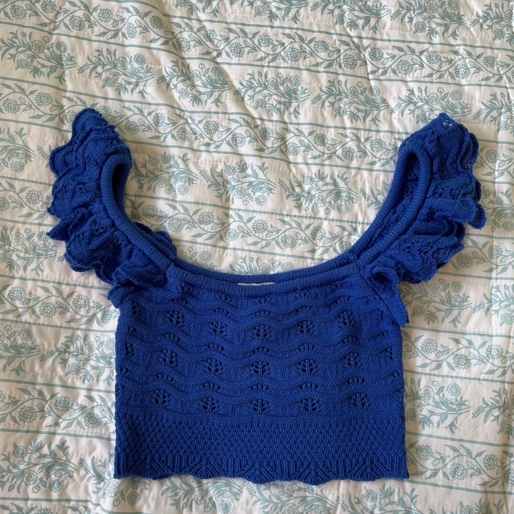 H&M (Ireland) Blue Knit Crop Top with Ruffled Sleeves